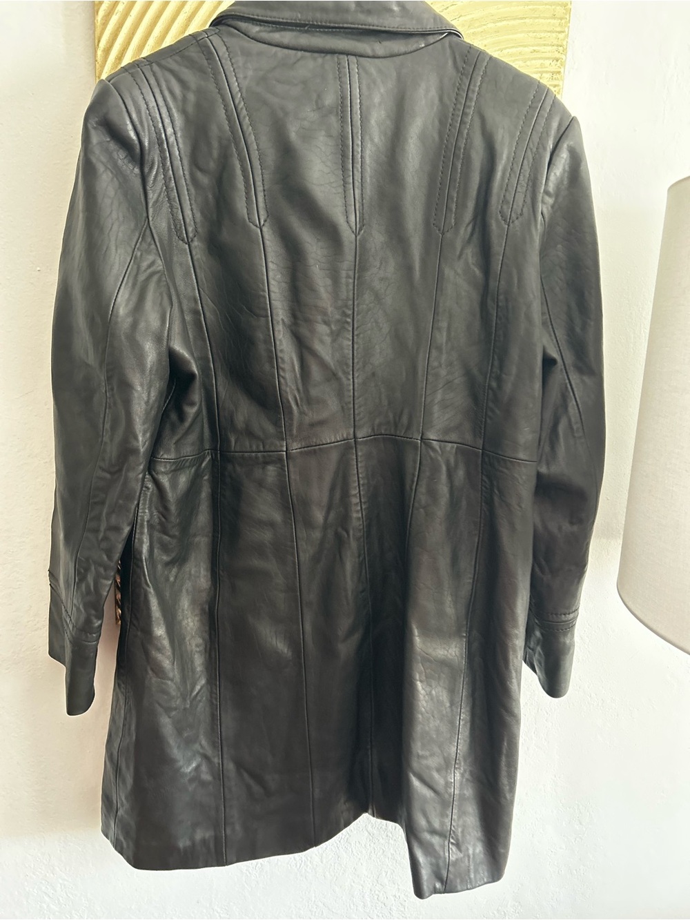 Jones New York Black Calf Leather Mid-Length Overcoat Button Down Lined XL Y2K - Picture 7 of 16